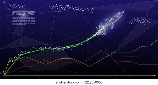 Graph of successful business startup. Rocket drawn by numbers. Tech style vector illustration