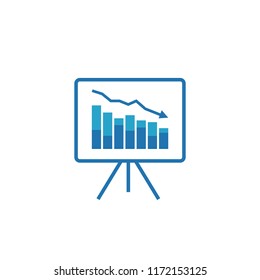 graph table arrow decrease icon. dollar money fall down symbol. economy stretching rising drop. Business lost crisis decrease. cost reduction bankrupt icon. vector illustration.