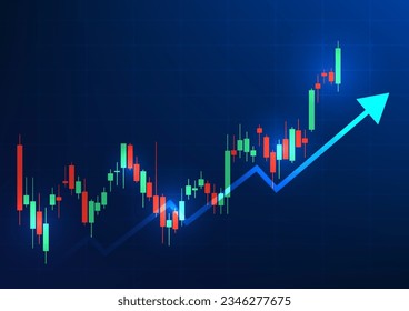 Graph technology background It is a technology that shows the growth price of a company on the stock market, increasing the attractiveness of investors. Candlestick chart with a rising blue arrow