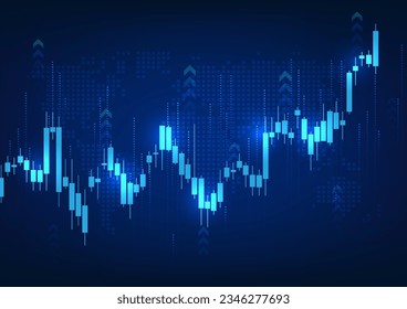 Graph Technology Hintergrund Es ist eine Technologie, die den Wachstumspreis eines Unternehmens auf dem Aktienmarkt zeigt. Vektorgrafik einer Kerzenschnur mit einem blauen aufsteigenden Pfeil hinter einer Weltkarte.