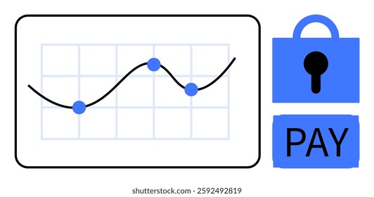 Graph with three data points next to a secure lock and payment button. Ideal for financial technology, payment security, online transactions, business analysis, and economic data. Clean modern style