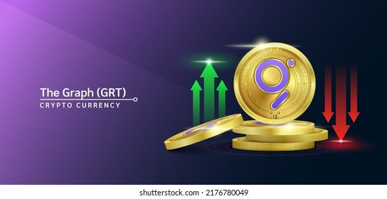 The Graph token cryptocurrency banner. Future currency on blockchain stock market with red-green arrows up and down. Gold coins crypto currencies. Banner for news on a solid background. 3D Vector.