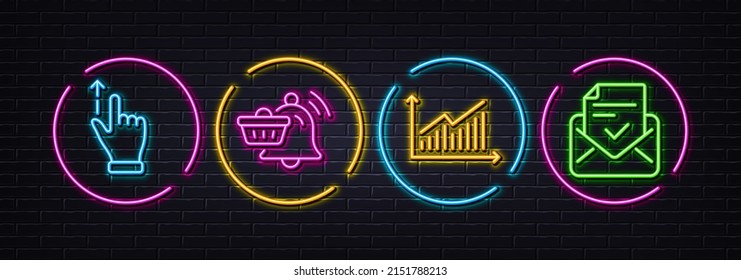 Graph, Touchscreen gesture and Notification cart minimal line icons. Neon laser 3d lights. Approved mail icons. For web, application, printing. Presentation diagram, Slide up, Order bell. Vector