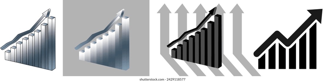 Gráfico con tendencia al alza, Flecha apuntando hacia arriba en gráfico, un gráfico de barras financieras que es una tendencia ascendente onasteply con 6 barras que aumentan abruptamente en altura, que transmite el éxito en auge y las empresas de más rápido crecimiento