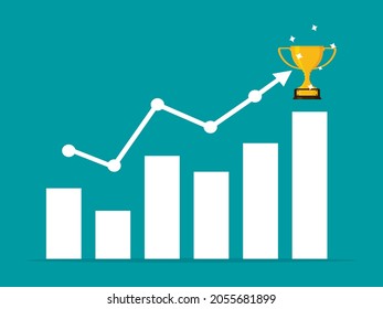 The graph is up and the trophy is placed on the arrow. business victory concept.