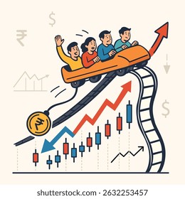 Graph turns into a roller coaster track with people riding it, symbolizing financial volatility and market fluctuations
