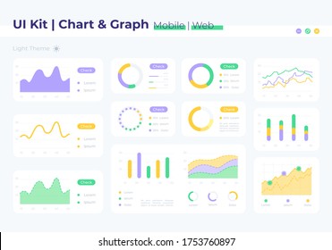 Kit de elementos de la interfaz de usuario de gráficos. Informe financiero, análisis estadístico. Icono de vector aislado de gráfico, barra y plantilla de panel. Colección de widgets de diseño web para aplicaciones móviles con interfaz de tema claro