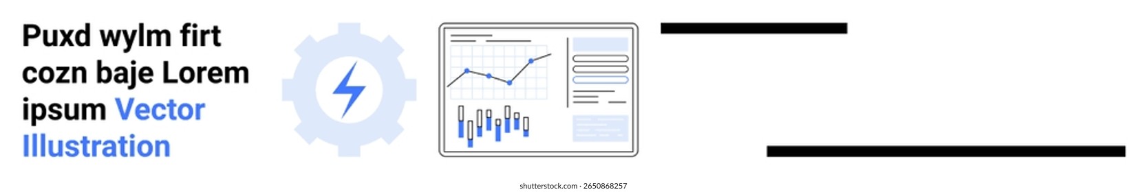 Graph with uptrend, bar chart, cogwheel with lightning bolt, lorem ipsum text. Themes Ideal for business analytics, data visualization, performance tracking, financial reporting, business
