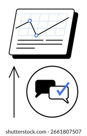 Graph with upward arrow indicates growth chat bubbles with checkmark imply communication and validation. Ideal for business analytics, feedback, progress, metrics, strategy, teamwork. Line metaphor