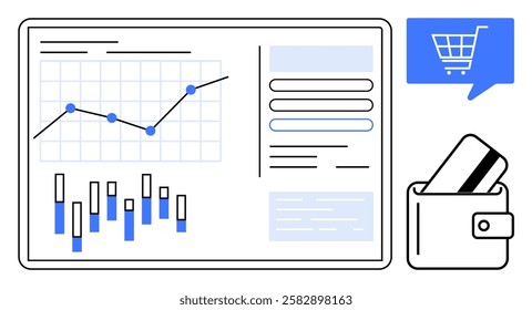 Graph with upward trend, bar chart, and financial data on a screen, alongside credit card in wallet and shopping cart icon. Ideal for finance, ecommerce, budgeting, payment solutions, online
