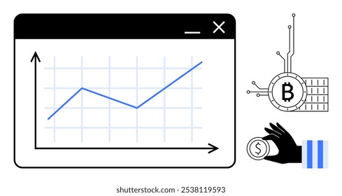 Graph with an upward trend line, Bitcoin symbol, hand holding a coin. Ideal for finance, cryptocurrency, stock market, growth analysis, economic trends. Clean and modern style