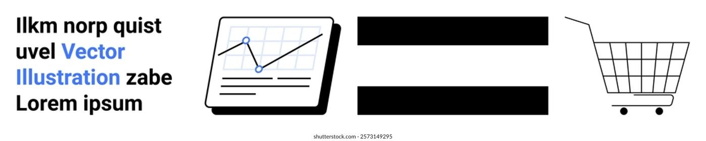 Graph with upward trend lines representing business analytics and e-commerce growth. Includes shopping cart, black bars, and text. Ideal for business, finance, marketing, data analysis