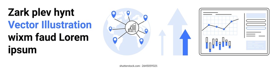 Graph with upward trend, map with location markers, two arrows, network of connected nodes. Ideal for business, data analysis, strategic planning, growth, connectivity, market research, performance