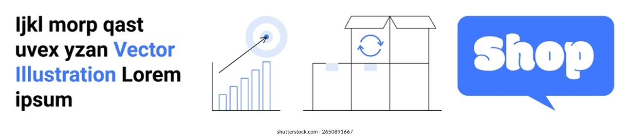 Graph with upward trend and person icon, open box with arrows indicating shipping, and blue speech bubble with Shop. Ideal for e-commerce, online shopping, business growth, packaging, sales. Banner