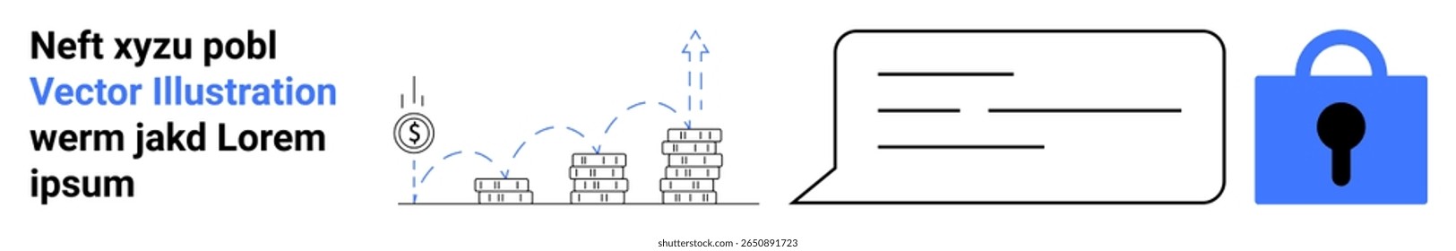 Graph with upward trend, speech bubble, and blue padlock represent growth, communication, and security. Ideal for business, finance, communication, IT, marketing, security, and web design concepts