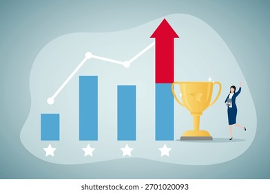Um gráfico com uma seta que aponta para cima, um troféu e uma empresária comemorando. Representa sucesso, crescimento e realização de metas.