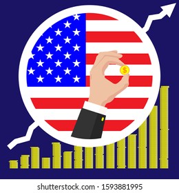 The graph of the USA economic growth in the form of piles of gold coins, against the background of the flag and the hands of a business man in a suit with a golden dollar coin. On a colored background
