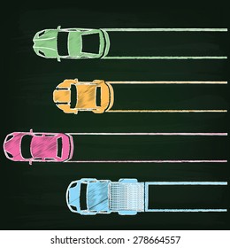 graph using car to compare hand drawing by color chalk on chalkboard