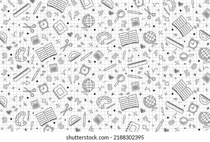 Fondo blanco gráfico con iconos de papel de la escuela dibujados a mano negra. De vuelta al concepto escolar. Ilustración del vector