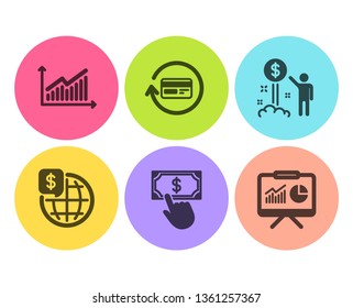 Graph, World money and Refund commission icons simple set. Payment click, Income money and Presentation signs. Presentation diagram, Global markets. Finance set. Flat graph icon. Circle button. Vector