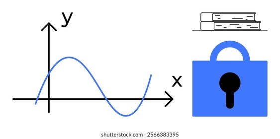 Graph with x and y-axis, blue curve, stack of books, and blue padlock symbolize data security in academic environments. Ideal for education, cybersecurity, data analysis, academic research