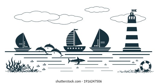 Graphc sea background with ships, sailing boats, lighthouse, shark, fish, dolphins, anchor and algae. Flat style vector elements for summer travel, adventures, holidays