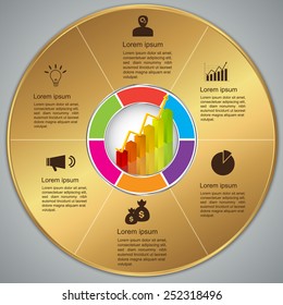 Graph/Chart 3D on Colorful Circle With Business Icon and Text Information on Golden Coin Circle Design. Financial and Business Infographics. Vector Illustration.