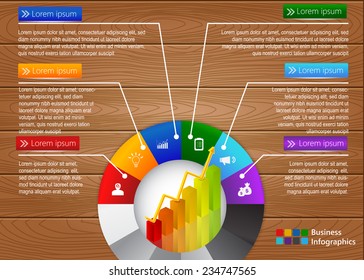Graph/Chart & Business Icon and Text Information on Wood Texture Background Design. Financial and Business Info graphic, Workflow/Element Layout Design. Vector Illustration.