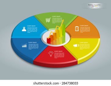 Graph/Chart Icon on Colorful Circle With Business Icon And Information Text Design. 6 Options,  Financial and Business Info graphic, Workflow/Element Layout Design. Vector Illustration.