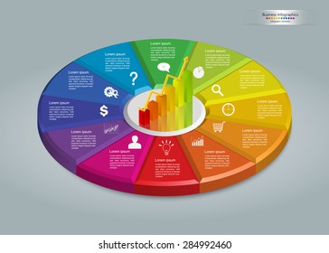 Graph/Chart Icon on Colorful Circle With Business Icon And Information Text Design. 12 Options, Financial and Business Info graphic, Workflow/Element Layout Design. Vector Illustration.
