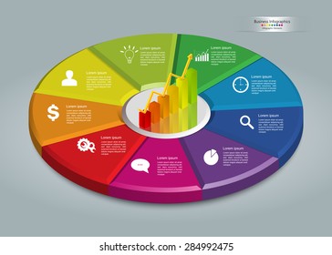 Graph/Chart Icon on Colorful Circle With Business Icon And Information Text Design. 9 Options,  Financial and Business Info graphic, Workflow/Element Layout Design. Vector Illustration.