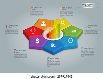 Graph/Chart Icon on Colorful Kite 3D, 7 Steps, Flower Design, Business Icon, Number and Text Informations, Business Infographics Template. Vector Illustration.