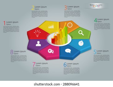 Graph/Chart Icon on Colorful Kite 3D, 8 Steps, Flower Design, Business Icon, Number and Text Informations, Business Infographics Template. Vector Illustration.