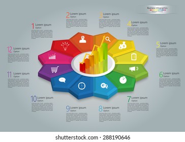 Graph/Chart Icon on Colorful Kite 3D, 12 Steps, Flower Design, Business Icon, Number and Text Informations, Business Infographics Template. Vector Illustration.