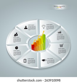 Graph/Chart Icon on Glass Circle With Business Icon And Information Text Design. Abstract Gray Background, Financial and Business Info graphic, Workflow/Element Layout Design. Vector Illustration.