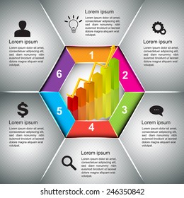 Graph/Chart Icon on Hexagon With Business Icon And Information Text  Design. Abstract Gray Background, Financial and Business Info graphic, Workflow/Element Layout Design. Vector Illustration.