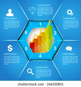 Graph/Chart Icon on Hexagon With Business Icon And Information Text  Design. Abstract Blue Background, Financial and Business Info graphic, Workflow/Element Layout Design. Vector Illustration.