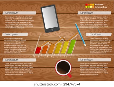 Graph/Chart, Smart Phone, Coffee Cup, Pencil and Text Information on Wood Texture Background Design. Financial and Business Info graphic, Workflow/Element Layout Design. Vector Illustration.