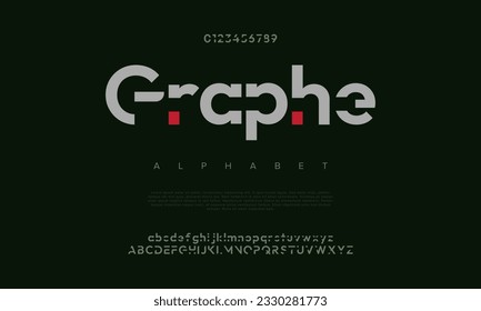 Alfabeto de tipo de letra del logotipo de tecnología digital abstracta graphe. Fuentes urbanas modernas mínimas para logotipo, marca, etc. Tipografía tipo de letra mayúsculas minúsculas y número. ilustración vectorial