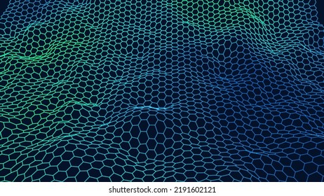 Graphene Hexagonal Grid. Molecular Network of Hexagons Connected. Chemical Network. Carbon Nanomaterials Nanotechnology Concept. Vector 3D Illustraion.