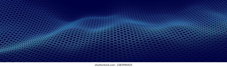 Graphene Hexagonal Grid. Molekulares Netzwerk von Hexagons verbunden. Chemisches Netzwerk. Carbon Nanomaterialien Nanotechnologie Konzept. Vektorgrafik 3D.