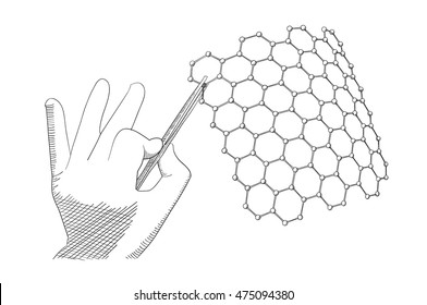 Graphene production. A hand of scientist holding a fragment of hexagonal molecular structure of graphene with tweezers. Drawing, vector on a white background.