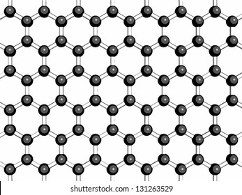 Graphene sheet, molecular model. Graphene is an allotrope of carbon in which all atoms are arranged in a hexagonal honeycomb-like pattern. Atoms are represented as spheres.