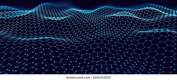 Graphene Structure, Nanotech Mesh, Digital Hex Grid, Carbon Lattice, Futuristic Technology Surface, Molecular Science Visualization, AI Energy Field. Vector Illustration.