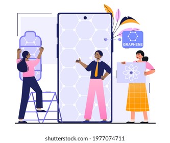 Graphene technology development for flexible touch screen producation. Tiny people scientists with graphene atomic structure for smartphone. Flat abstract metaphor cartoon vector concept design.