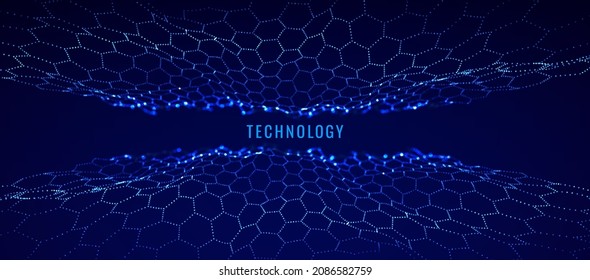 Graphene Technology Science 3D Background. Nanotechnology Honeycomb Lattice Nanostructure. Abstract Science Particles. Blue Network Connection Concept. Futuristic Honeycomb Concept. Vector Illustratio