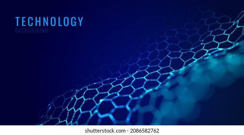 3D-Hintergrund der Grafiktechnologie. Nanotechnologie Honeycomb Lattice Nanostruktur. Abstrakte Wissenschaftspartikeln. Konzept der blauen Netzwerkverbindung Futuristisches Honigwabenkonzept. Vektorgrafik