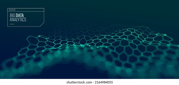 Graphene Technology Science 3D Background. Nanotechnology Honeycomb Lattice Nanostructure. Abstract Science Particles. Blue Network Connection Concept. Futuristic Honeycomb Concept. Vector Big Data.