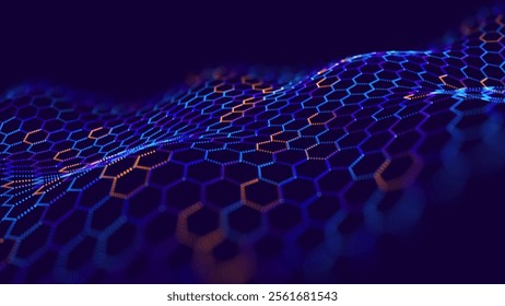 Graphene Technology Science 3D Background. Nanotechnology Honeycomb Lattice Nanostructure. Abstract Science Particles. Blue Network Connection Concept. Futuristic Honeycomb Vector Illustration.