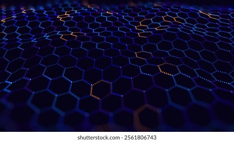 Graphene Technology Science 3D Background. Nanotechnology Honeycomb Lattice Nanostructure. Abstract Science Particles. Blue Network Connection Concept. Futuristic Honeycomb Vector Illustration.